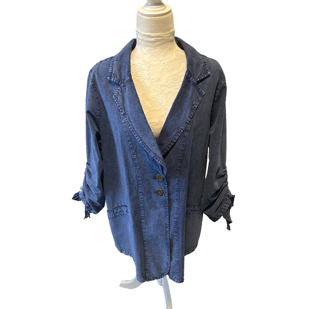 Gretty Zueger‎ Blue Stonewash Denim Cotton Jacket~L~Shirred Slvs Artsy Lagenlook